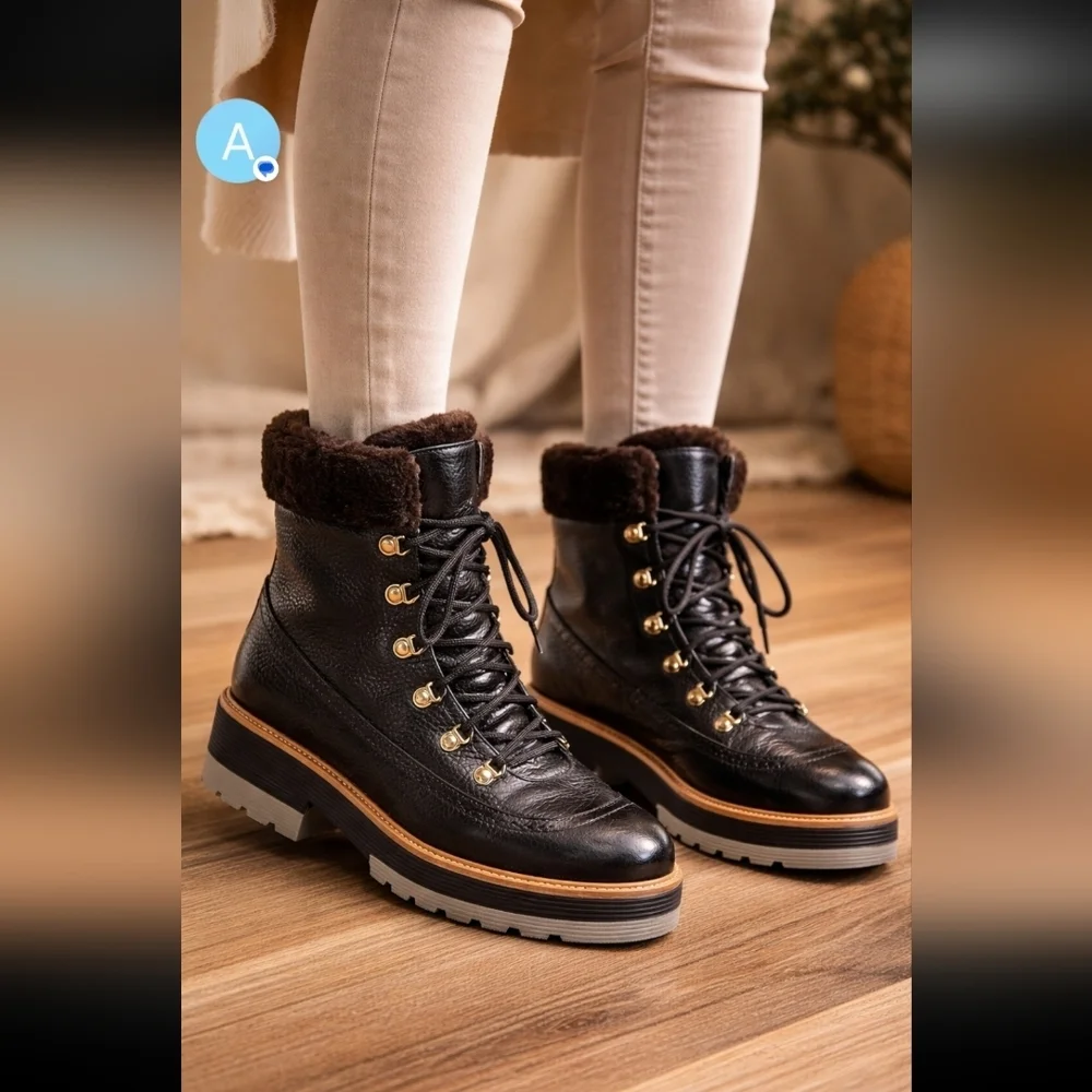 Valentina Leather Winter Boots Faux Fur Lined Lug Sole